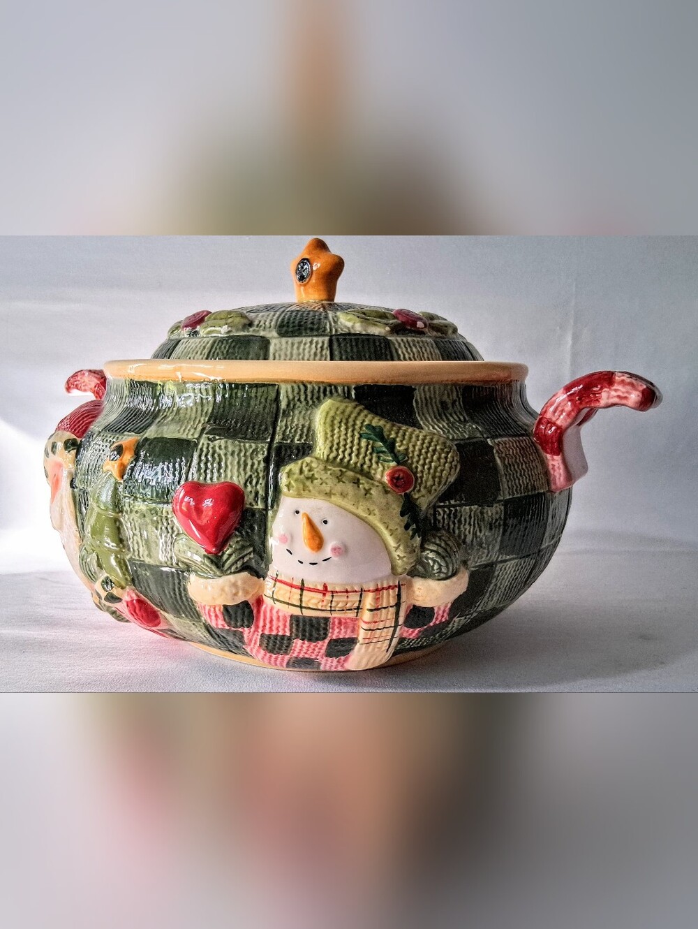 Ceramic Santa Claus Snowman Cookie Jar & Lid - Large w/ Handles - Vintage